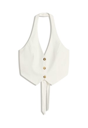 White linen halter vest with a fitted design, featuring three brown buttons and a tie closure at the waist. Smooth texture, structured shape.