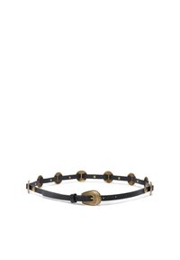 Zwarte leren riem met gouden ronde accenten en een decoratieve gouden gesp. Verstelbare lengte met zichtbare hardwaredetails.