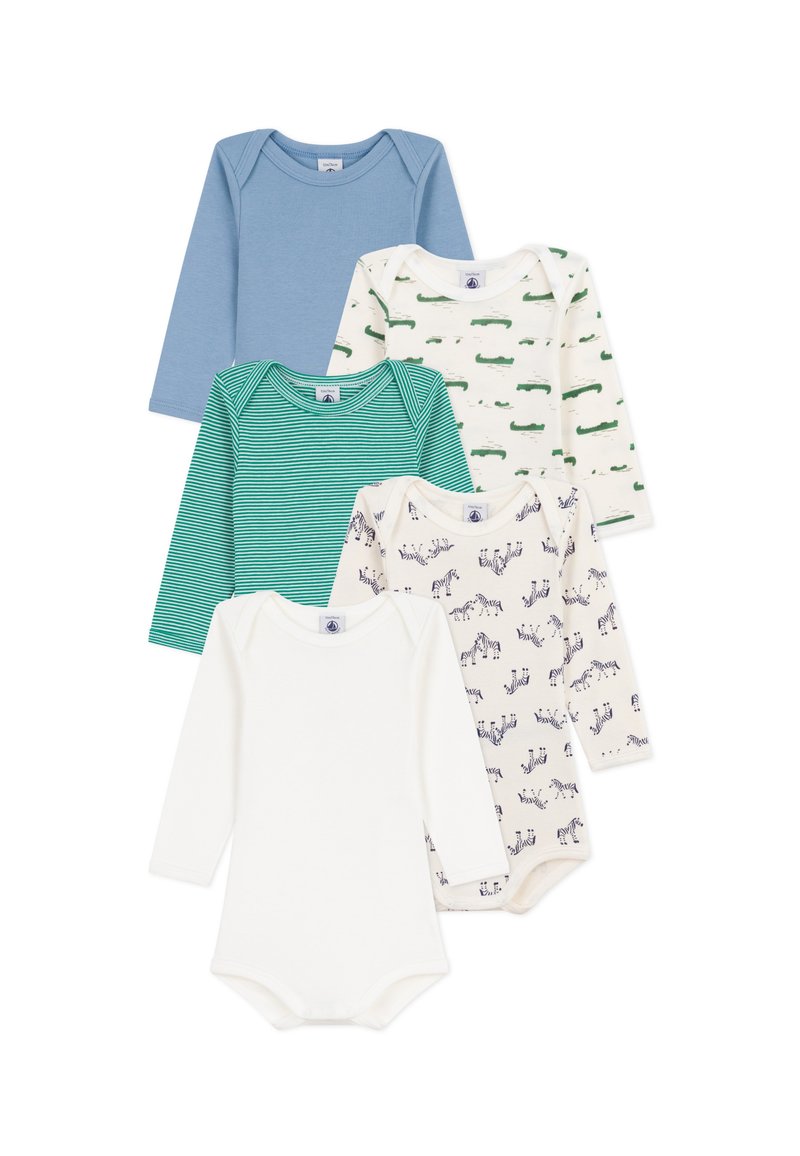Fem langermede bodysuits: en blå, en grønnstripet, to hvite med mønstre (krokodiller, zebraer), og forskjellige teksturer.