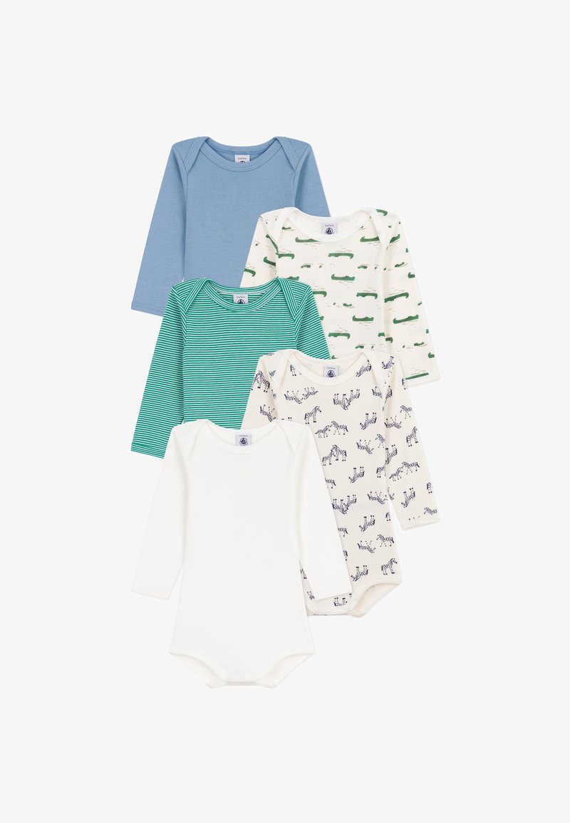 Cinco bodysuituri cu mânecă lungă: unul albastru, unul cu dungi verzi, două albe cu modele (crocodili, zebre) și texturi variate.