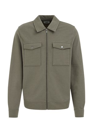 Olive green jacket made of soft fabric, featuring a zip front, pointed collar, and two chest pockets with silver snap buttons.