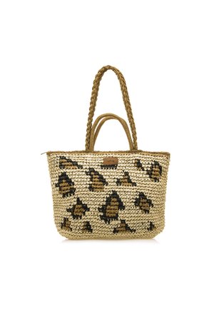 Geflochtene Strohtasche in Beige mit einem schwarzen und braunen Leopardenmuster. Verfügt über geflochtene braune Griffe und einen Reißverschluss an der Oberseite.