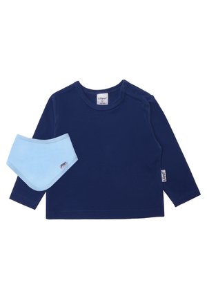 Long-sleeve navy shirt with round neckline and shoulder snaps paired with a light blue bib. Both made from soft fabric, featuring logo tags.