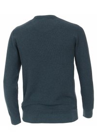 Dunkelgrüner Pullover aus einem strukturierten Strickmuster, runder Ausschnitt und gerippte Bündchen sowie Saum. Klassisches Design mit schmaler Passform. Keine Verschlüsse.
