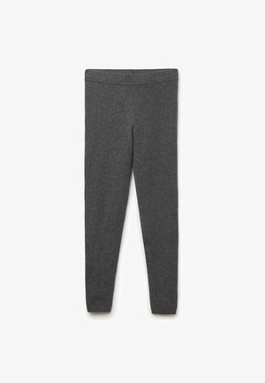 Gray leggings made of soft jersey fabric, featuring an elastic waistband and a snug fit throughout the legs, with a smooth texture.