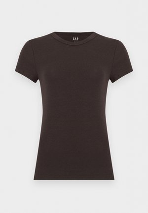 Tricou negru cu mâneci scurte, croială strânsă și guler rotund, cu logo-ul GAP imprimat în interiorul gulerului, pe un fundal deschis.