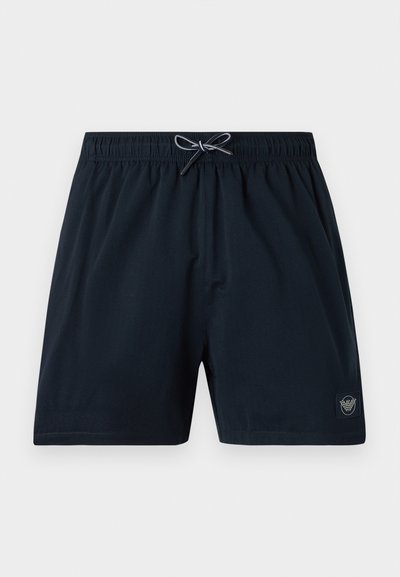 Μαύρα ανδρικά μαγιό με ελαστική μέση, κορδόνι και μικρό λογότυπο στο αριστερό πόδι.