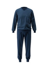 Marineblauw trainingspak met een lange mouw pullover met verticale strepen en een V-hals, gecombineerd met elastische taillebroek met boorden.