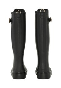 Czarne, gumowe kalosze sięgające do kolan, z teksturowaną powierzchnią, detalem z klamrą po boku oraz wzorzystą podeszwą zapewniającą przyczepność.