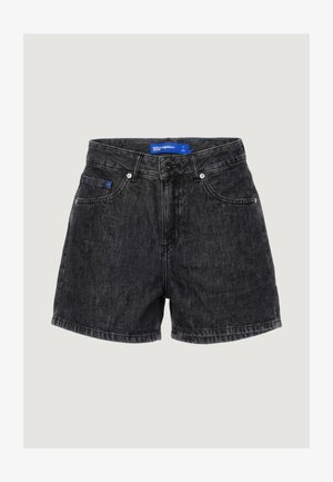 Shorts in denim nero a vita alta con bottone e zip frontali, due tasche anteriori, passanti per cintura e una piccola etichetta blu in vita.