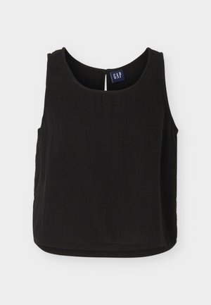 Αμάνικο μαύρο crop top με στρογγυλή λαιμόκοψη και μικρό άνοιγμα στο πίσω μέρος, με μπλε ετικέτα της μάρκας GAP.