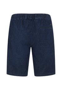 Shorts in denim blu scuro con cintura elastica, dotati di tasca posteriore e taglio dritto, che mostrano una finitura in tessuto testurizzato.