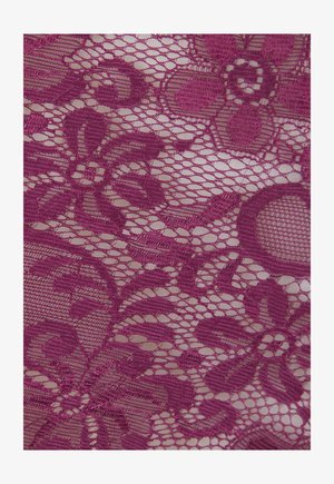 Intricate purple lace fabric with floral patterns and mesh netting details, showcasing delicate texture and craftsmanship.