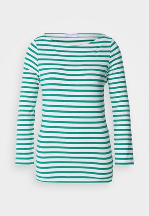 Striped long-sleeve top in white and green, featuring horizontal stripes, a boat neckline, and a fitted design. Soft fabric texture.