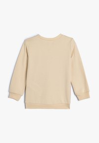 Beige sweatshirt met lange mouwen, zachte stof, geribbelde ronde halslijn en manchetten, gladde textuur, geen patronen of afbeeldingen, eenvoudig ontwerp.