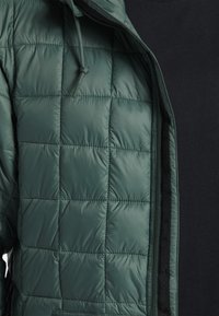 Green puffer jacket, quilted design with a glossy finish. Zippered front, adjustable hood, and a black inner lining. Textured fabric.