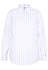 Lyseblå og hvide stribede skjorte med knapper, lavet af bomuldsstof, med klassisk krave, lange ærmer og manchetter med enkelt knap.