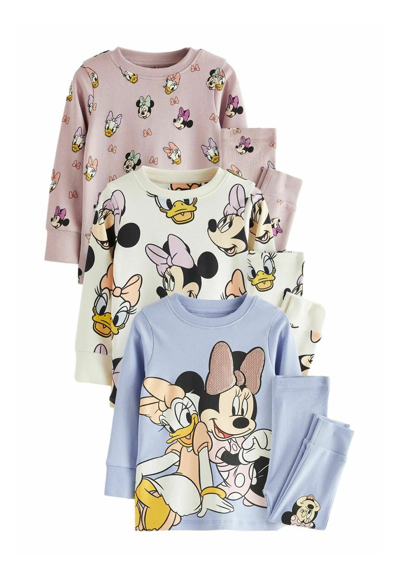 Ensemble de pyjama pour enfants en quatre pièces avec des designs variés de personnages Disney. Les couleurs incluent lavande, blanc et bleu clair.