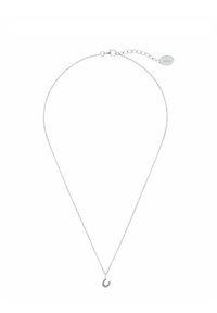 Collana in argento con un piccolo ciondolo curvo decorato con pietre preziose colorate. Regolabile con un gancio e una catena di estensione.