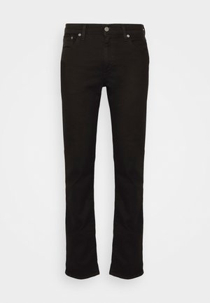 Black denim jeans with a straight-leg cut, featuring a classic five-pocket design, metal button closure, and subtle stitching details.