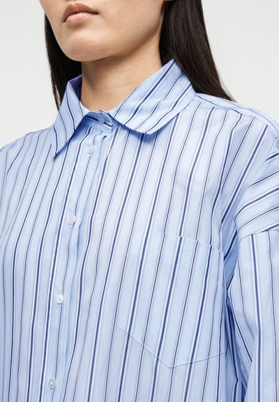 Άτομο που φοράει ένα ανοιχτό μπλε πουκάμισο με κάθετες ρίγες σε σκούρο μπλε και άσπρο και μια τσέπη στο στήθος, εμφανιζόμενο από τον λαιμό μέχρι το μέσο του κορμού.