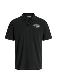 Schwarzes Polo-Shirt aus Baumwolle. Mit klassischem Kragen, kurzen Ärmeln und einem weißen Logo-Druck auf der linken Brust.