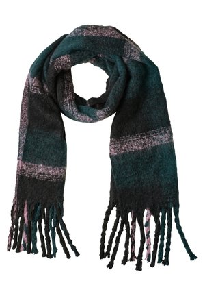 Écharpe tissée douce avec un motif à carreaux vert foncé, noir et rose, avec des extrémités à franges torsadées.