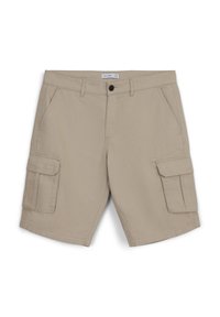 Pantaloni cargo beige con due tasche laterali e due tasche cargo, dotati di chiusura a bottone e passanti per cintura, realizzati in tessuto leggero.