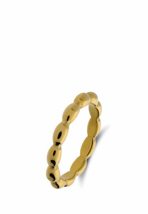 Gold ring with a polished, rounded bead-like design forming a continuous band on a white background.