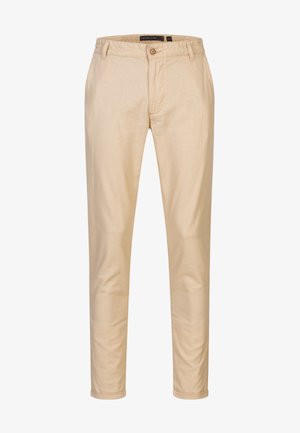 Beige chinos with a slim fit, made of lightweight fabric, featuring a single button closure and standard belt loops. Smooth texture.