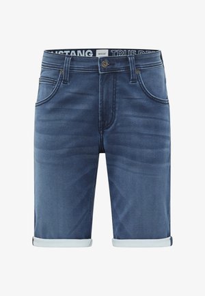 Denim shorts in a dark blue wash with rolled cuffs, featuring a classic five-pocket design and branded waistband label.