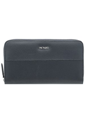 Black textured leather wallet with a zip closure. Features a horizontal stripe design and a metal logo accent on the front.