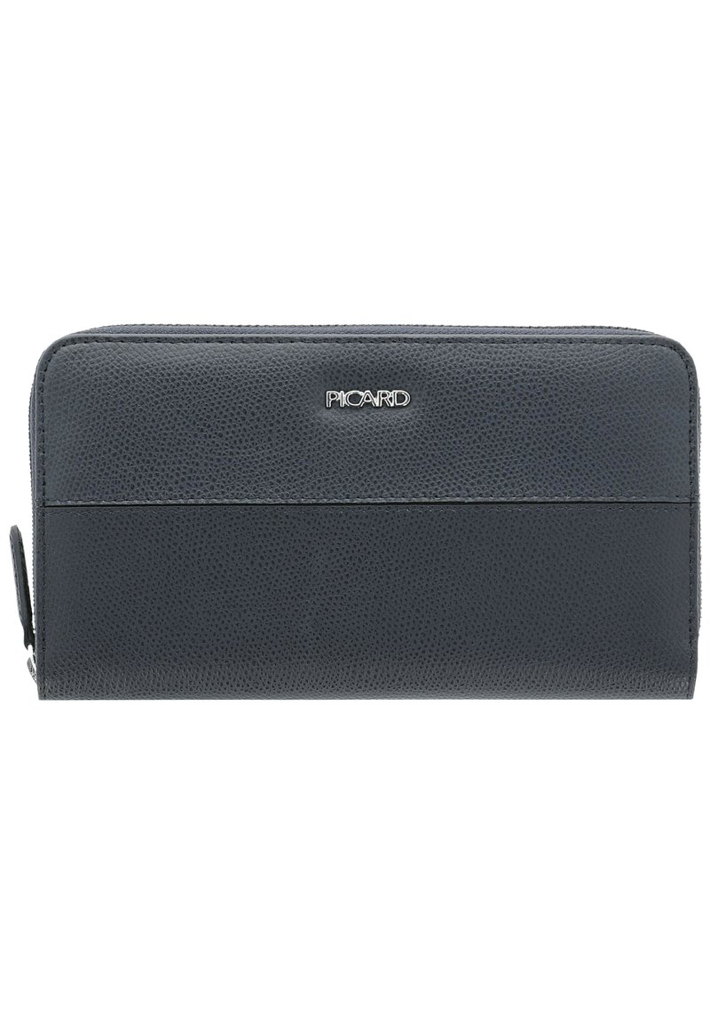 Black textured leather wallet with a zip closure. Features a horizontal stripe design and a metal logo accent on the front.