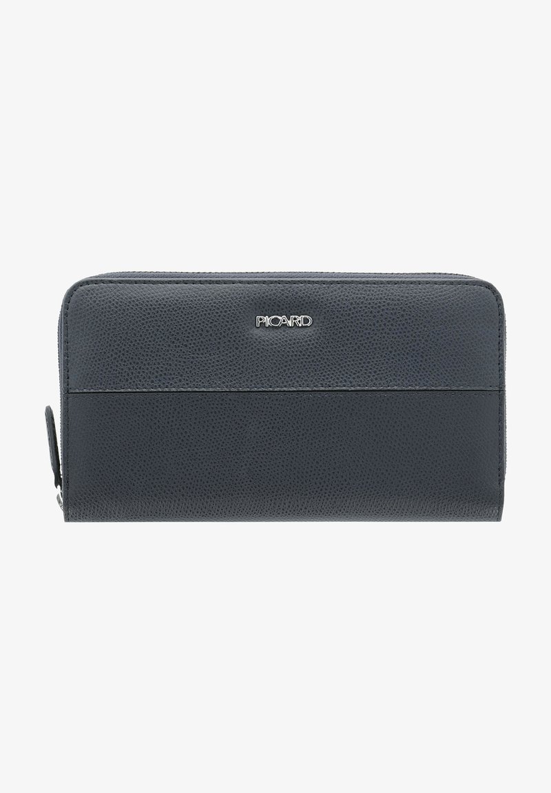 Black textured leather wallet with a zip closure. Features a horizontal stripe design and a metal logo accent on the front.