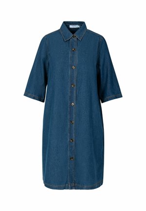 Farmerruha, sötétkék, rövid ujjú, gombos elülső rész, hegyes gallér, függőleges varrások, térd alá érő hosszúság, hétköznapi dizájn, laza szabás.