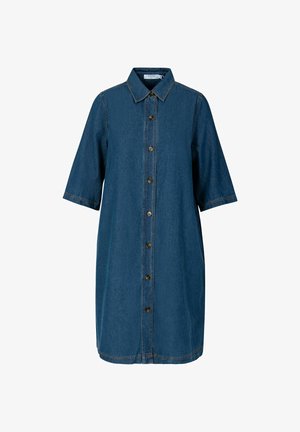 Farmerruha, sötétkék, rövid ujjú, gombos elülső rész, hegyes gallér, függőleges varrások, térd alá érő hosszúság, hétköznapi dizájn, laza szabás.