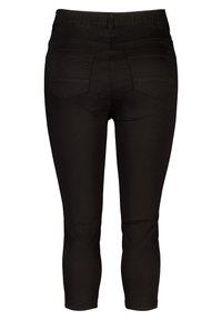 Jeans noirs raccourcis avec une taille élastique, dotés de deux poches arrière, d'une texture lisse et d'un design ajusté.