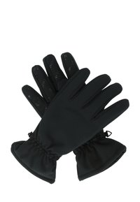 Sorte handsker lavet af et blødt, strækbart materiale. Har en indsamlet manchet for en tætsiddende pasform og teksturerede grebdetaljer på fingrene.