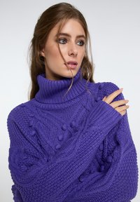 Fialový pletený sveter s vysokým rolákom, textúrovanými káblovými vzormi a guličkovými detailami. Dlhé rukávy s rebrovanými manžetami.