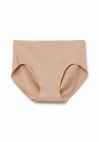 Beige stretch katoenen slip met een zachte textuur, hoge taille en brede beenopeningen; naadloze constructie voor comfort en minimale zichtbaarheid.