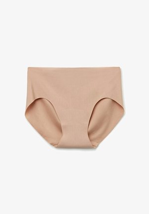 Beige bavlněné boxerky s elastanem, hladkým povrchem, vysokým pasem a širokými nohavicemi; bezešvá konstrukce pro pohodlí a minimální viditelnost.