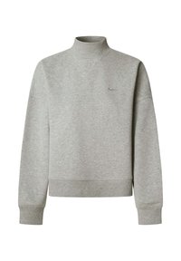 Sudadera gris claro con cuello alto, puños y dobladillo acanalados. Presenta un logotipo sutil en el frente y una tela suave y texturizada.