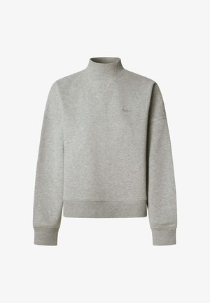 Sweatshirt gris clair avec un col montant, des poignets et un ourlet côtelés. Présente un logo discret sur le devant et un tissu doux et texturé.
