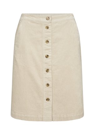 Falda de pana beige con un diseño recto y una tapeta de botones en la parte delantera, acentuada por seis botones marrones y sutiles rayas verticales.