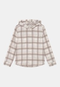 Kaptur z jasnym kratkowanym wzorem w odcieniach beżu, br�ązu i bieli, z zapięciem na guziki i dwiema przednimi kieszeniami. Miękka tekstura materiału.