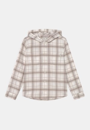 Felpa con cappuccio in un leggero motivo a quadri nei toni del beige, marrone e bianco, con chiusura a bottoni e due tasche frontali. Tessuto morbido.