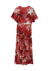Robe maxi rouge avec des manches courtes en volants et un imprimé de feuilles tropicales et de fleurs dans des teintes de rouge, blanc, beige et noir.