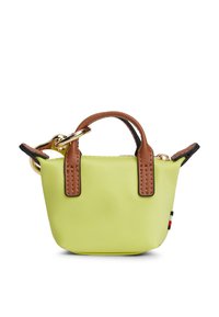 Μικρή κίτρινη τσάντα χειρός με καφέ δερμάτινες λαβές, χρυσά μεταλλικά στοιχεία και αντιθετικές ναυτικές λεπτομέρειες. Υφασμάτινη με υφή και δομημένο σχέδιο.