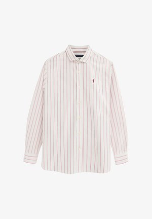 White long-sleeve button-up shirt with thin red vertical stripes and a small red polo player logo on the left chest.