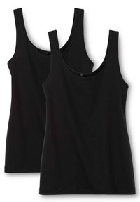Two black tank tops made of smooth fabric, featuring wide straps and rounded necklines, with a simple hem design at the bottom.